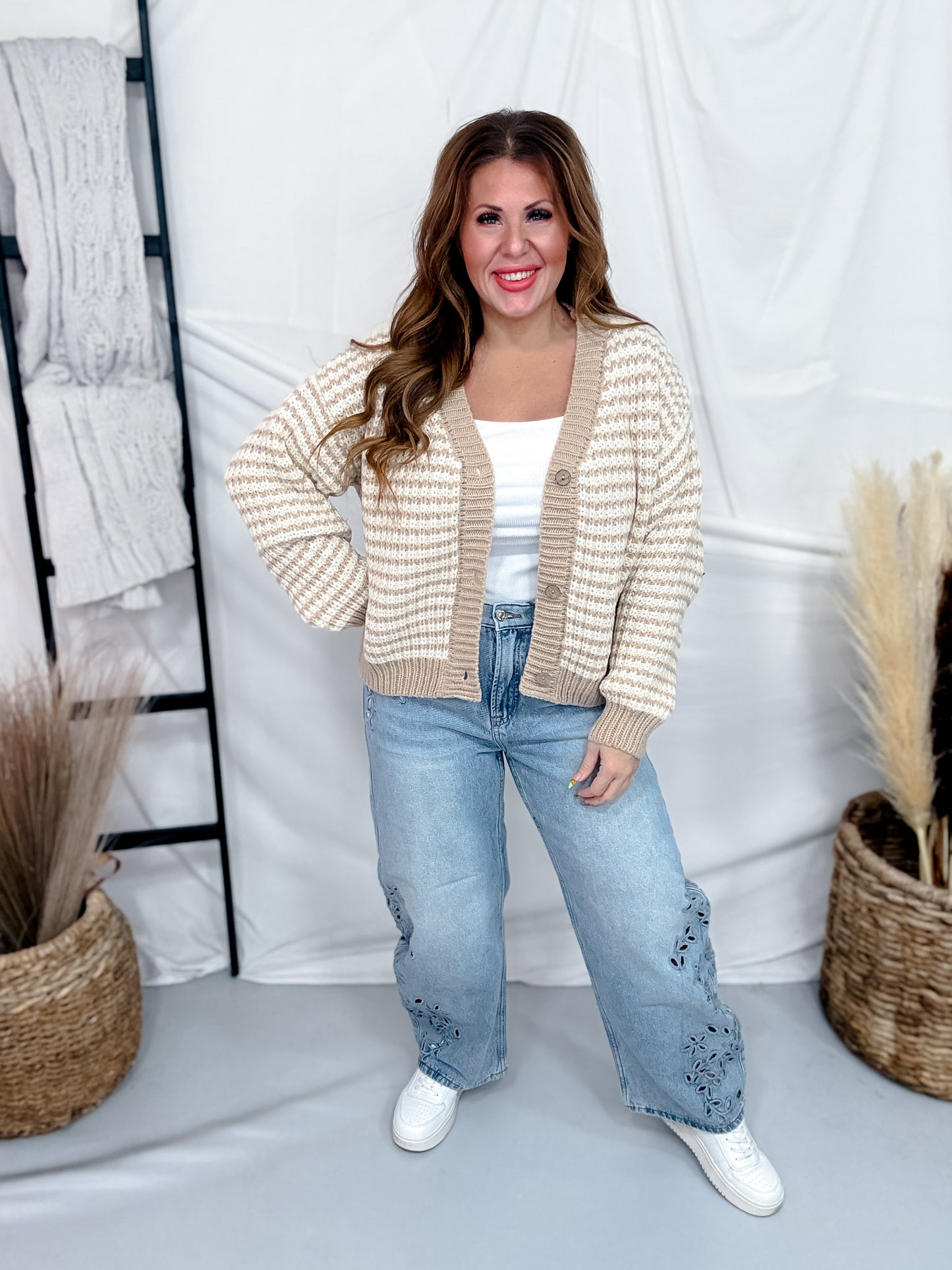 Oatmeal & Ivory Striped Knit Button Front Cardigan