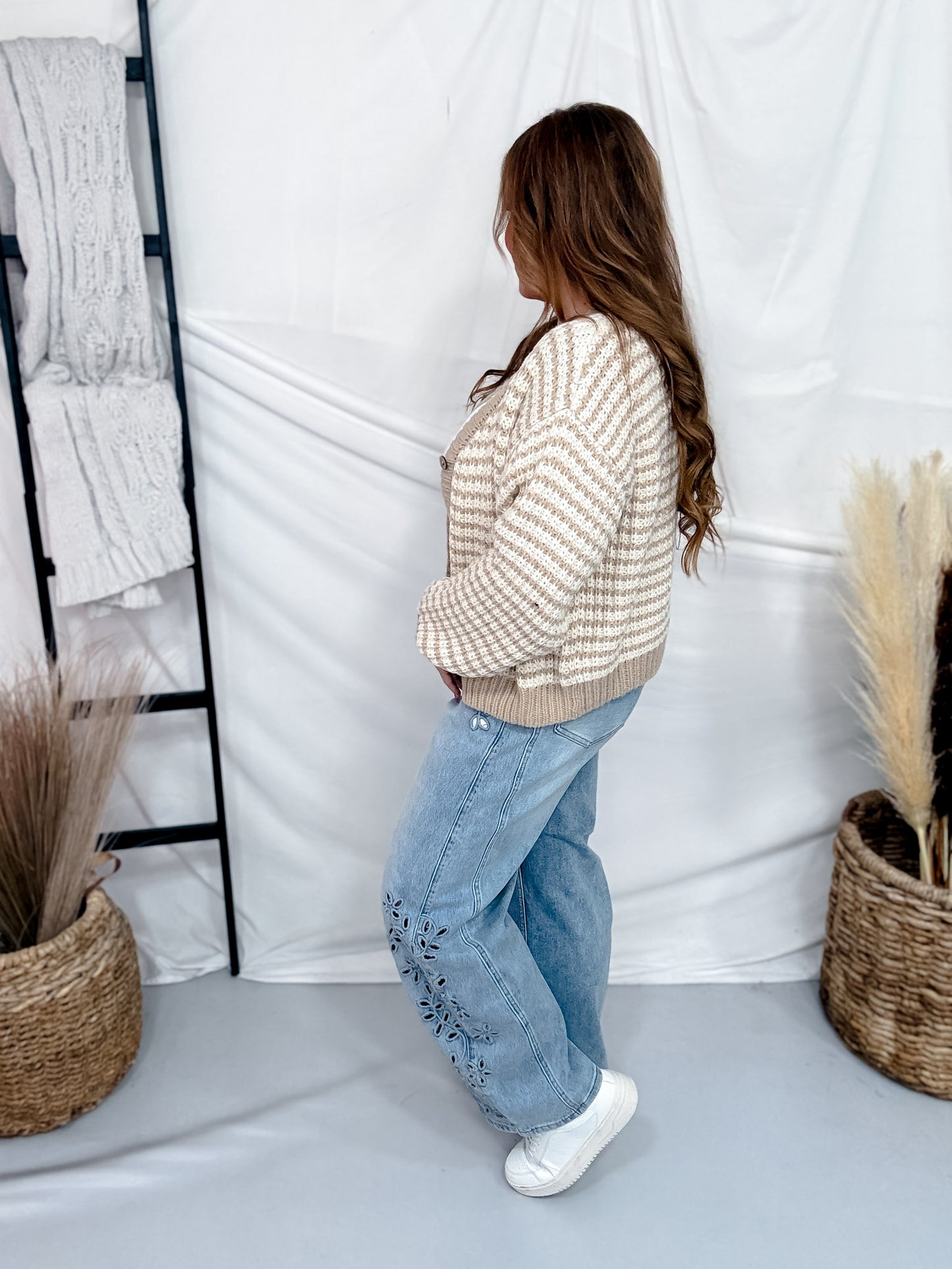 Oatmeal & Ivory Striped Knit Button Front Cardigan
