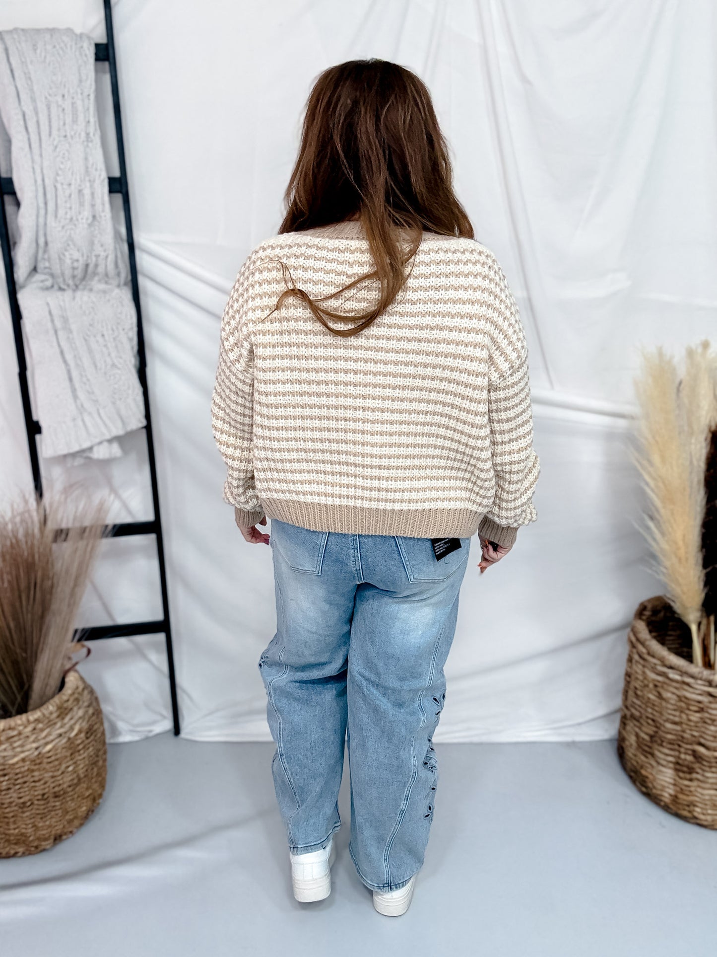 Oatmeal & Ivory Striped Knit Button Front Cardigan