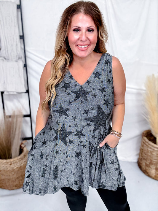 Dark Silver Star Print Sparkly Tunic Tank Top W/ Pockets