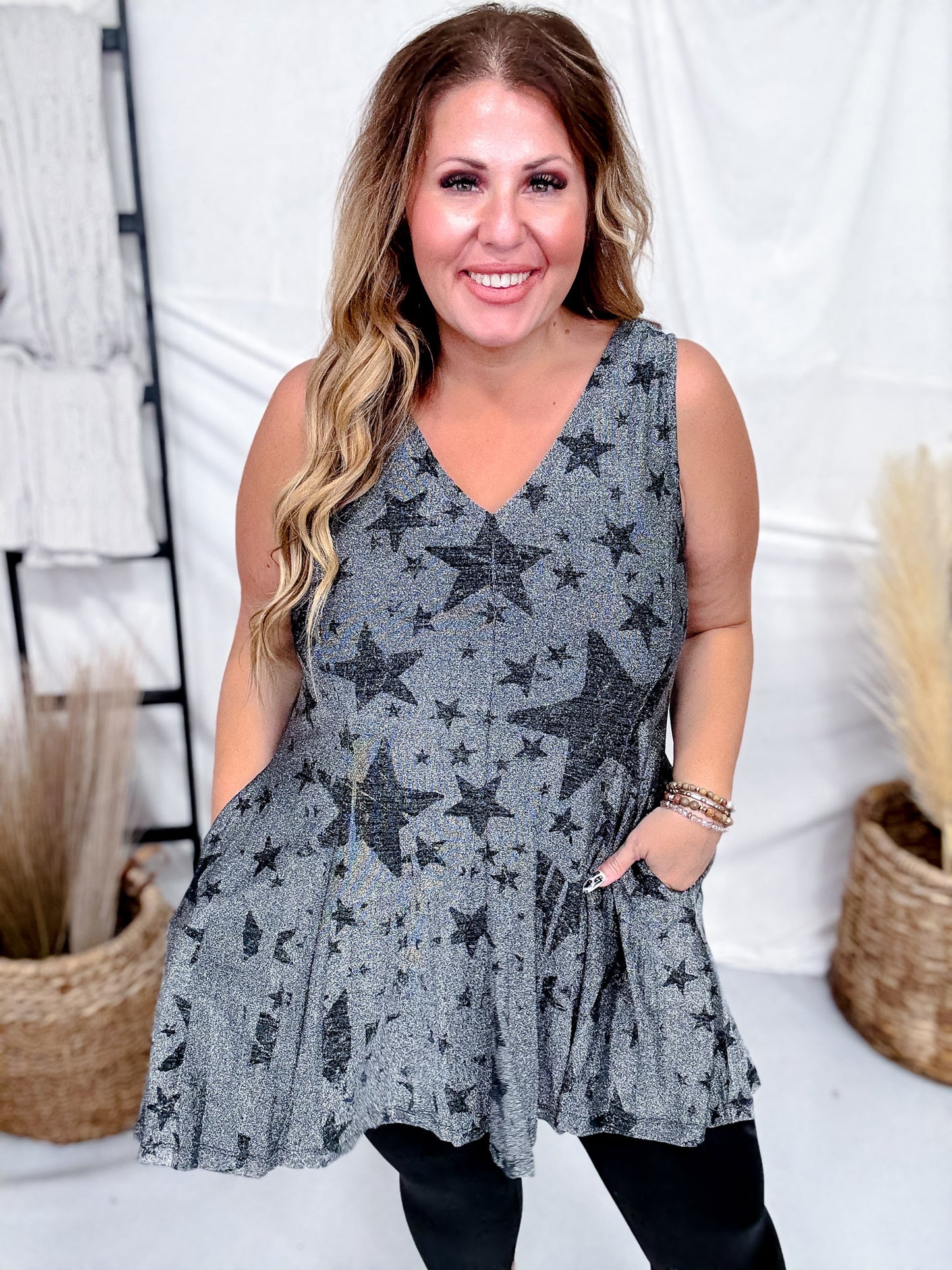 Dark Silver Star Print Sparkly Tunic Tank Top W/ Pockets