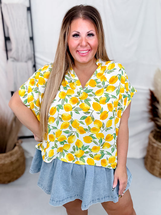 Limoncello Shirred Sleeve Top With Mandarin Collar