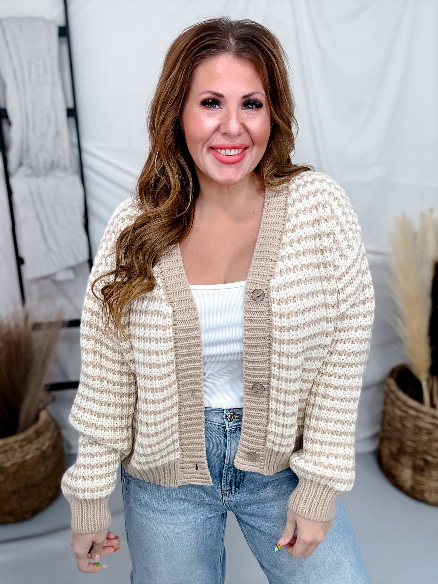 Oatmeal & Ivory Striped Knit Button Front Cardigan