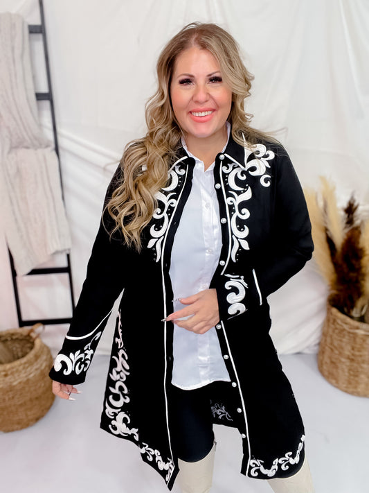 Long Sleeve Black Embroidered Button Down Dress