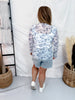 White Long Sleeve High Neck Mesh Top With Blue Floral Pattern