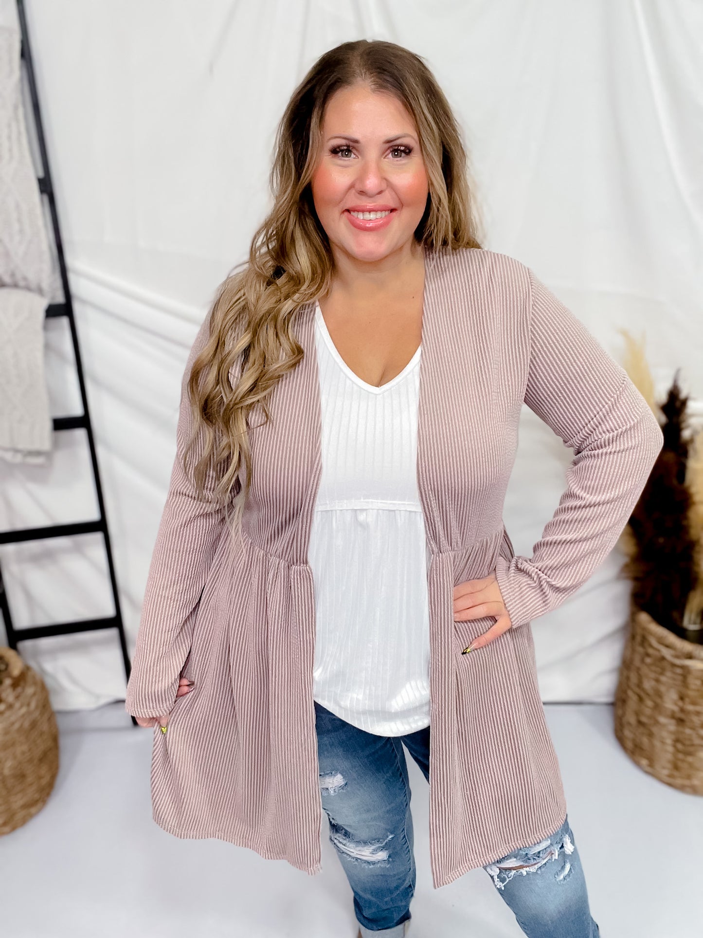 Coco Long Sleeve Ribbed Knit Open Front Cardigan