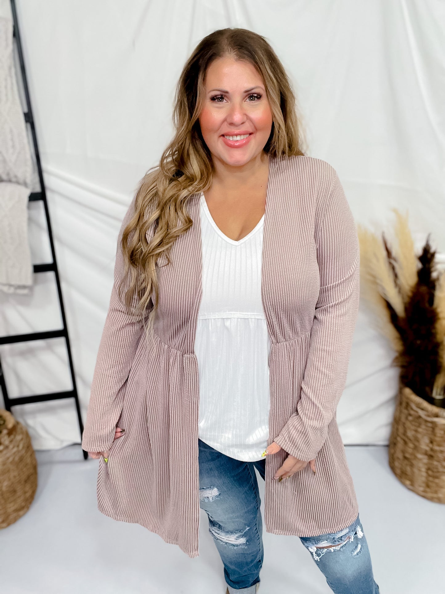 Coco Long Sleeve Ribbed Knit Open Front Cardigan