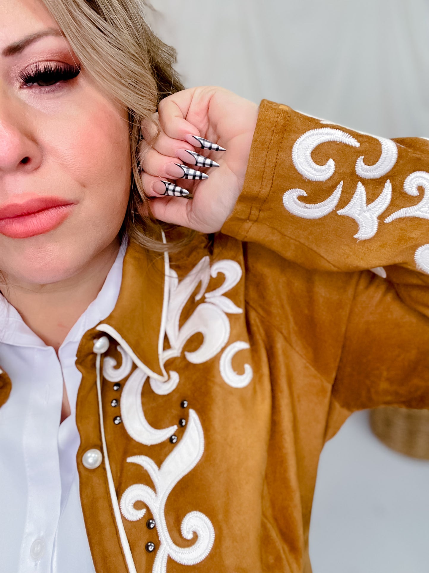 Long Sleeve Camel Embroidered Button Down Dress