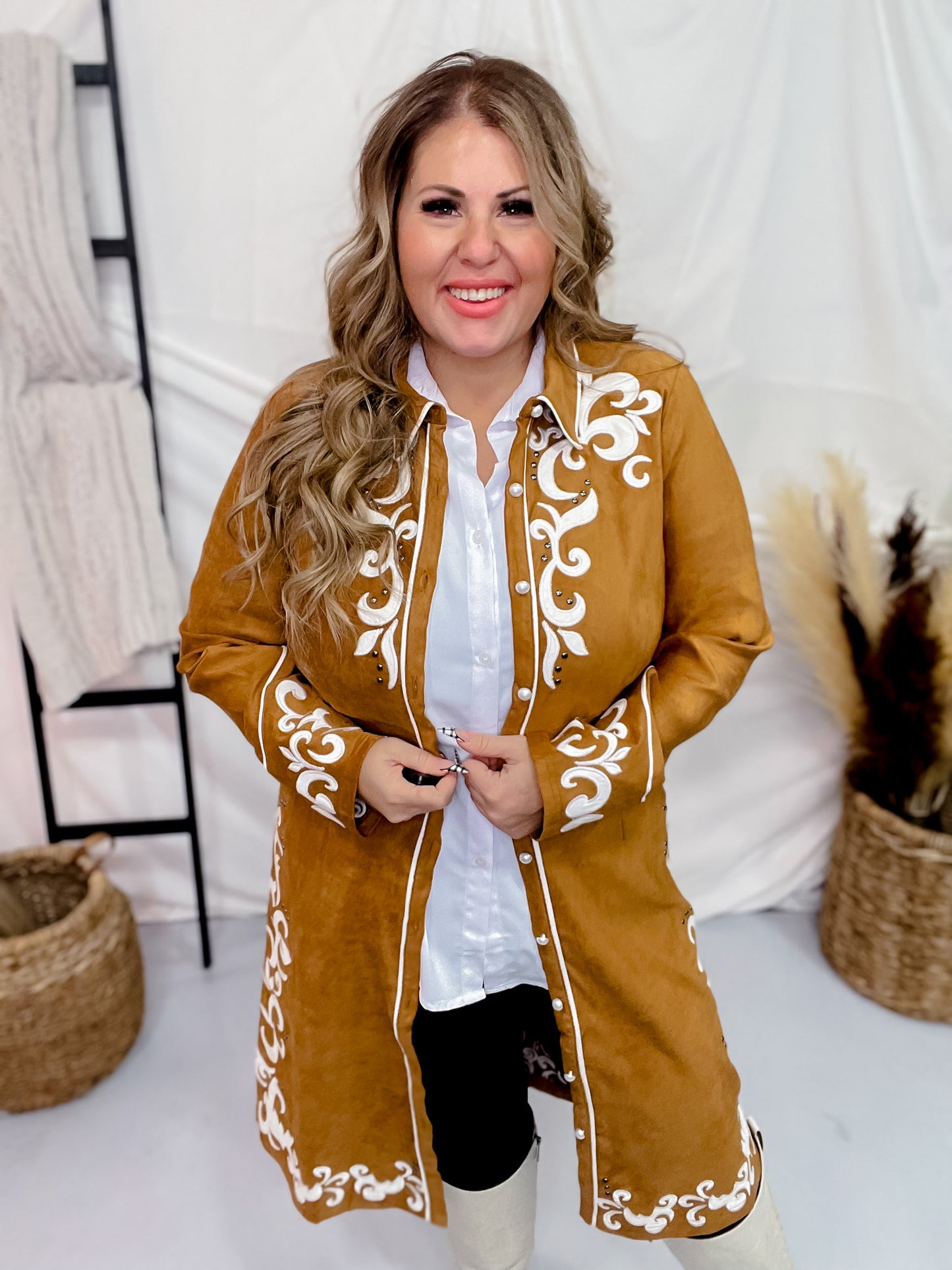 Long Sleeve Camel Embroidered Button Down Dress