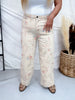 Cropped Khaki Twill Pants With Floral Cross Stitch Pattern