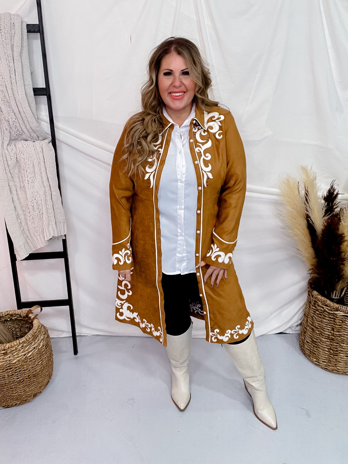 Long Sleeve Camel Embroidered Button Down Dress