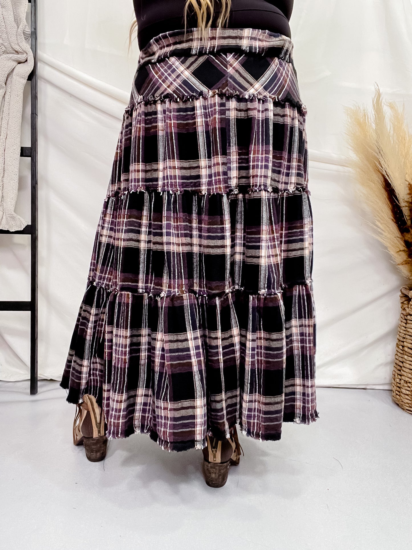 Mineral Wash Plaid Tiered Skirt