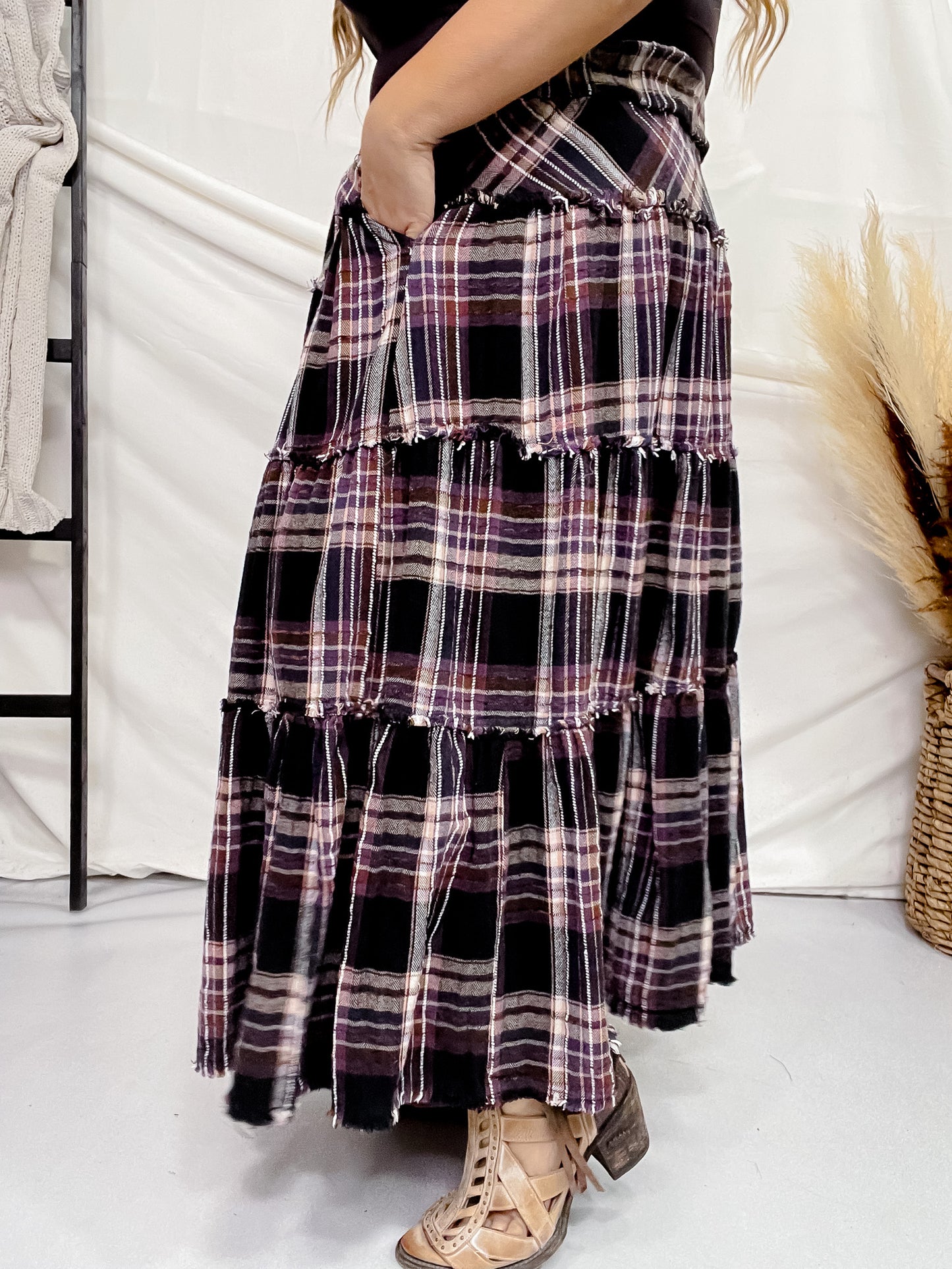 Mineral Wash Plaid Tiered Skirt