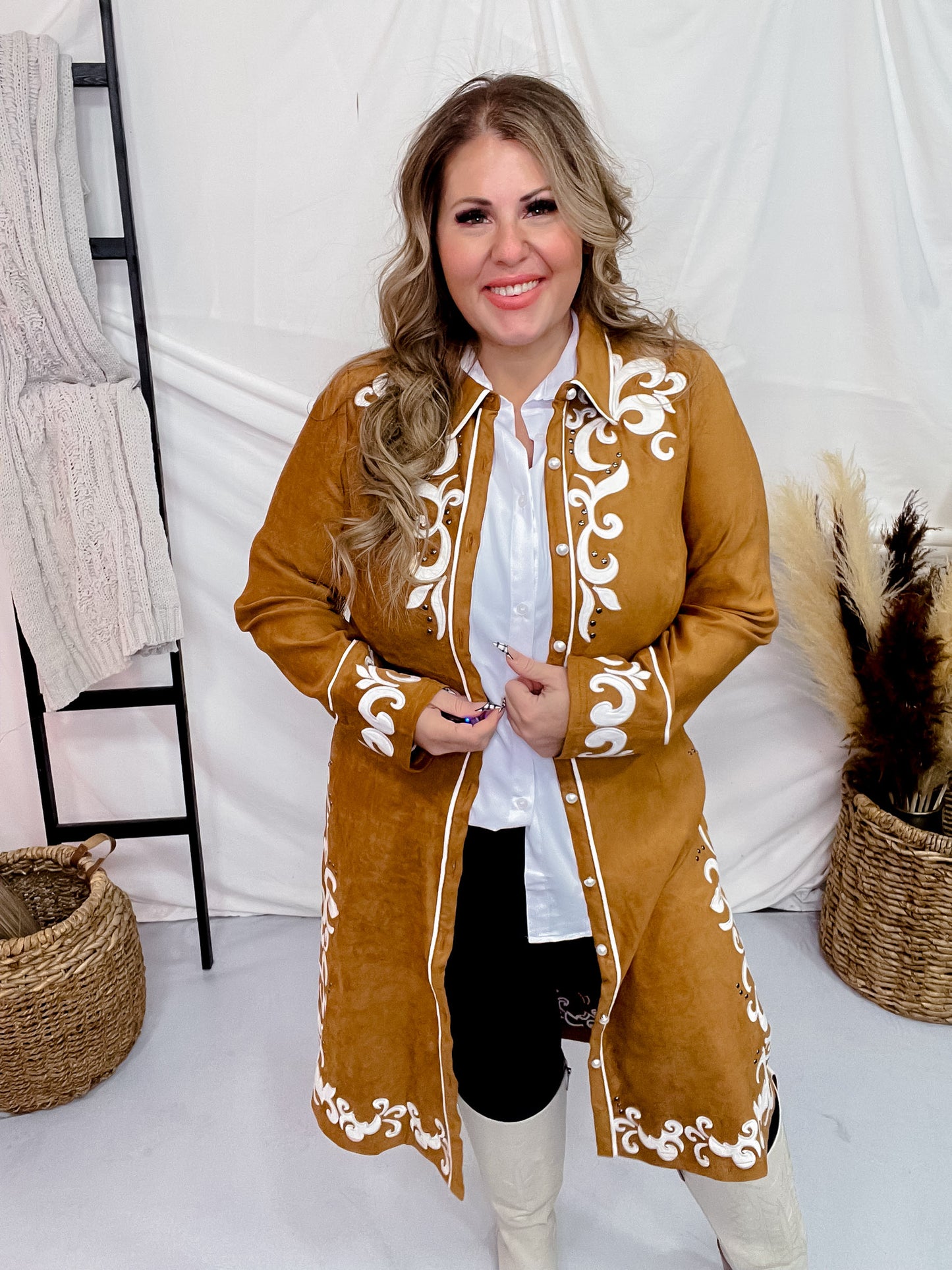 Long Sleeve Camel Embroidered Button Down Dress