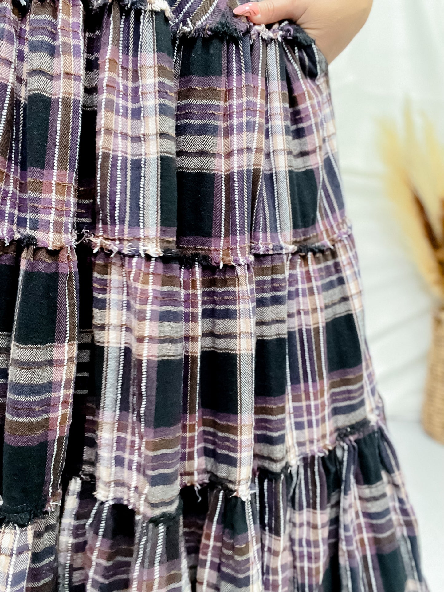 Mineral Wash Plaid Tiered Skirt