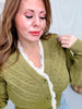 Olive Green Textured Cardigan With Lace Trim