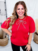 Red Short Sleeve Puff Sweater With Rhinestone Bow