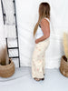 Cropped Khaki Twill Pants With Floral Cross Stitch Pattern