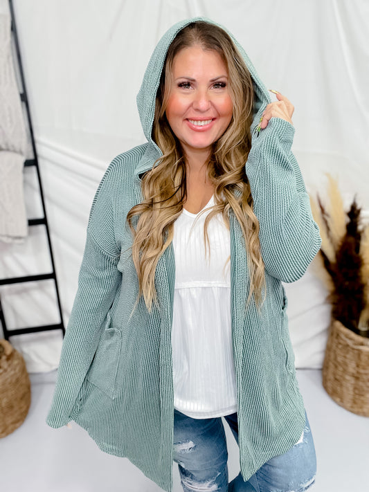 Dusty Teal Long Sleeve Open Front Hooded Cardigan