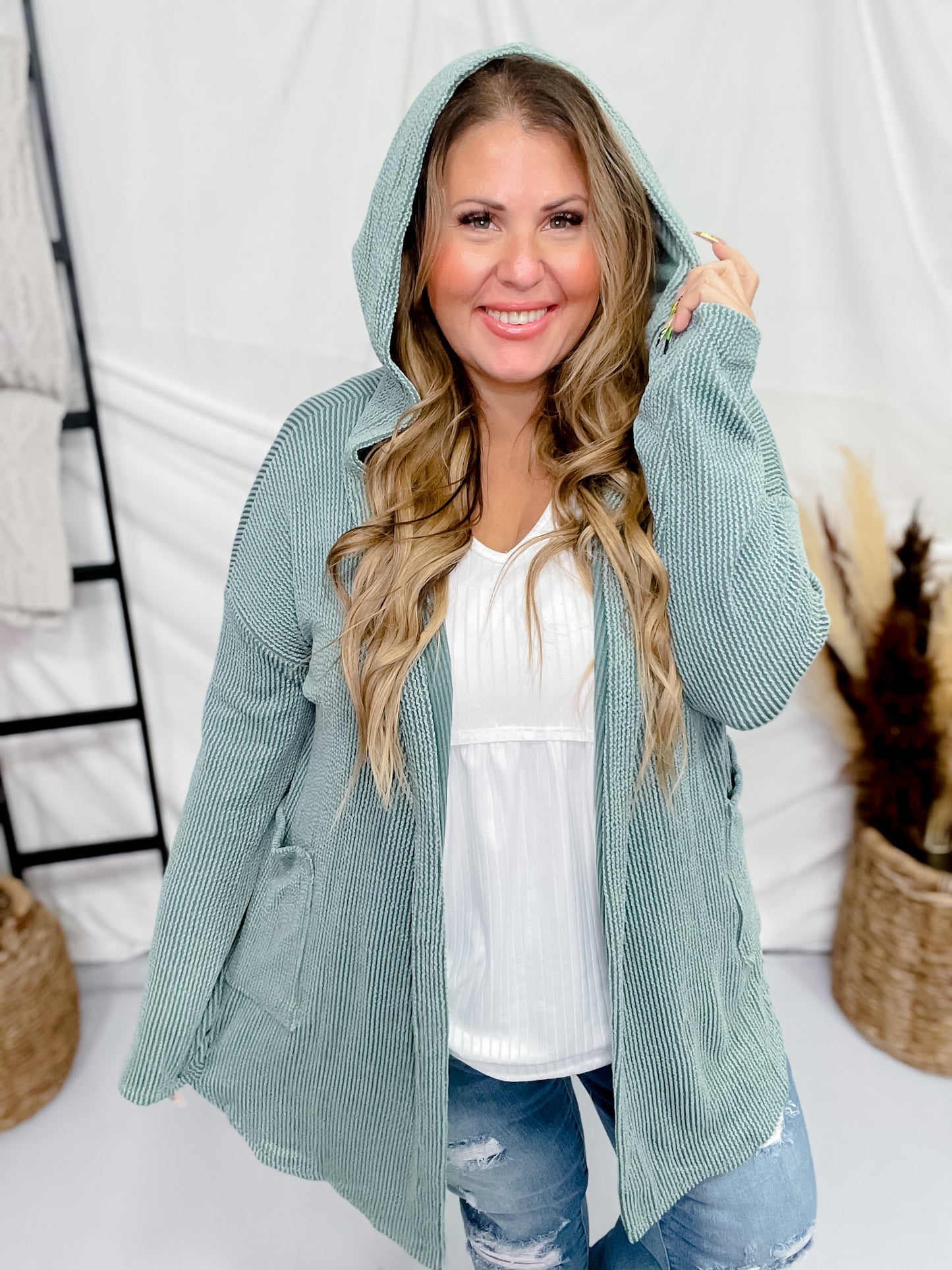 Dusty Teal Long Sleeve Open Front Hooded Cardigan