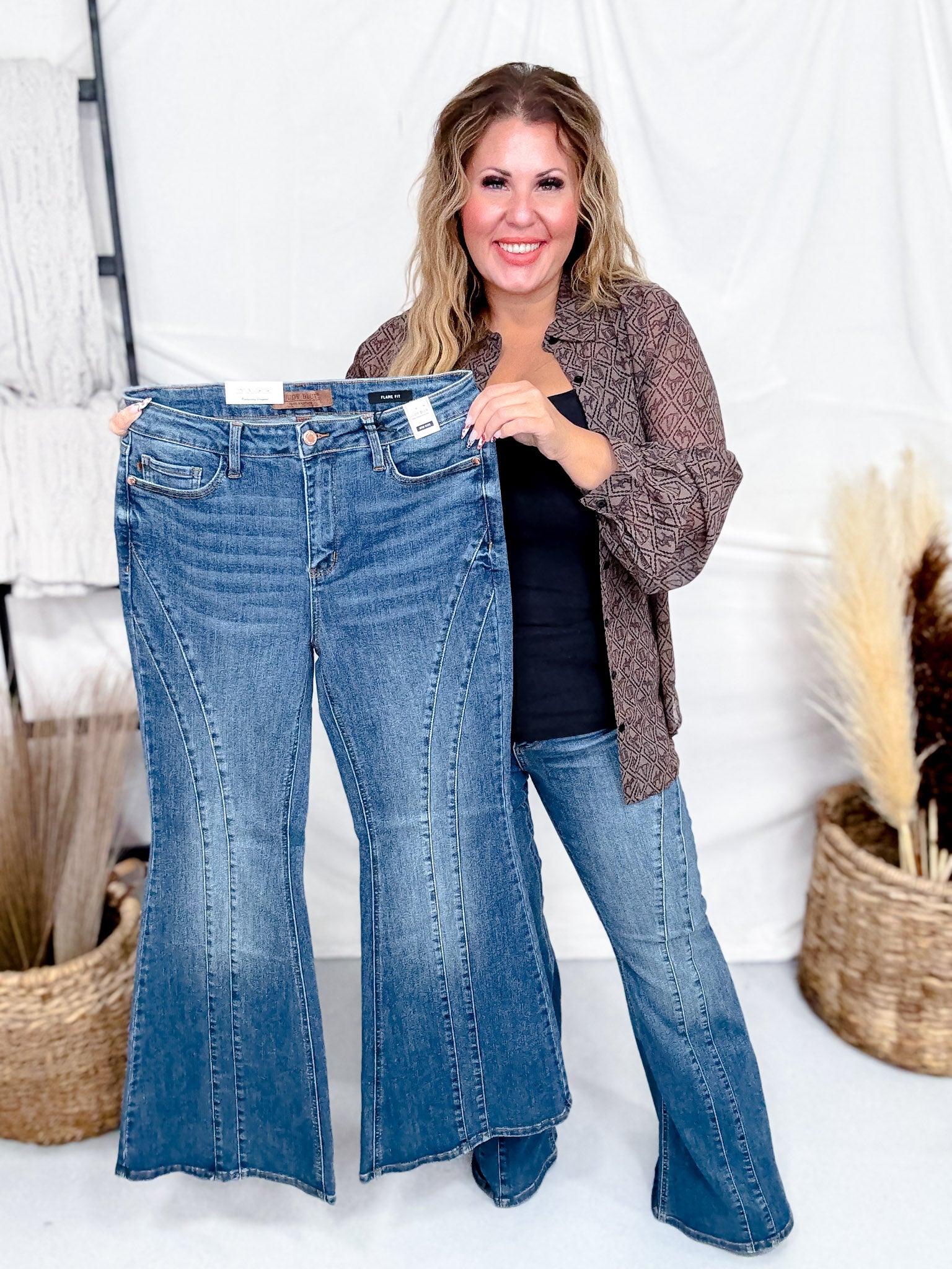 Judy Blue Mid-Rise Flare Double Angular Seam Jeans - Whiskey