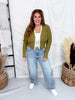 Olive Green Textured Cardigan With Lace Trim