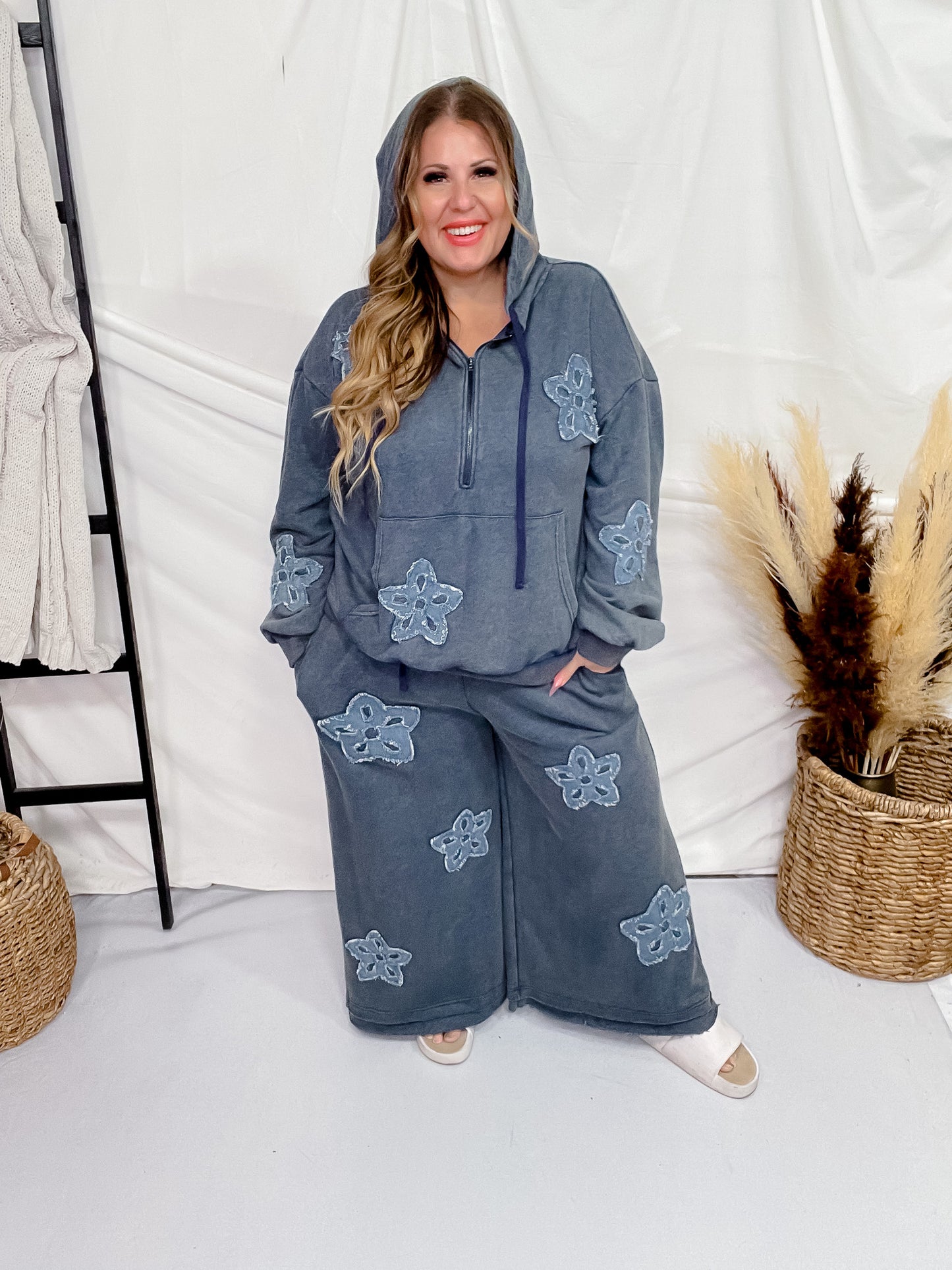 Heather Blue Acid Washed Flower Patch Zipped Hood Sweatshirt