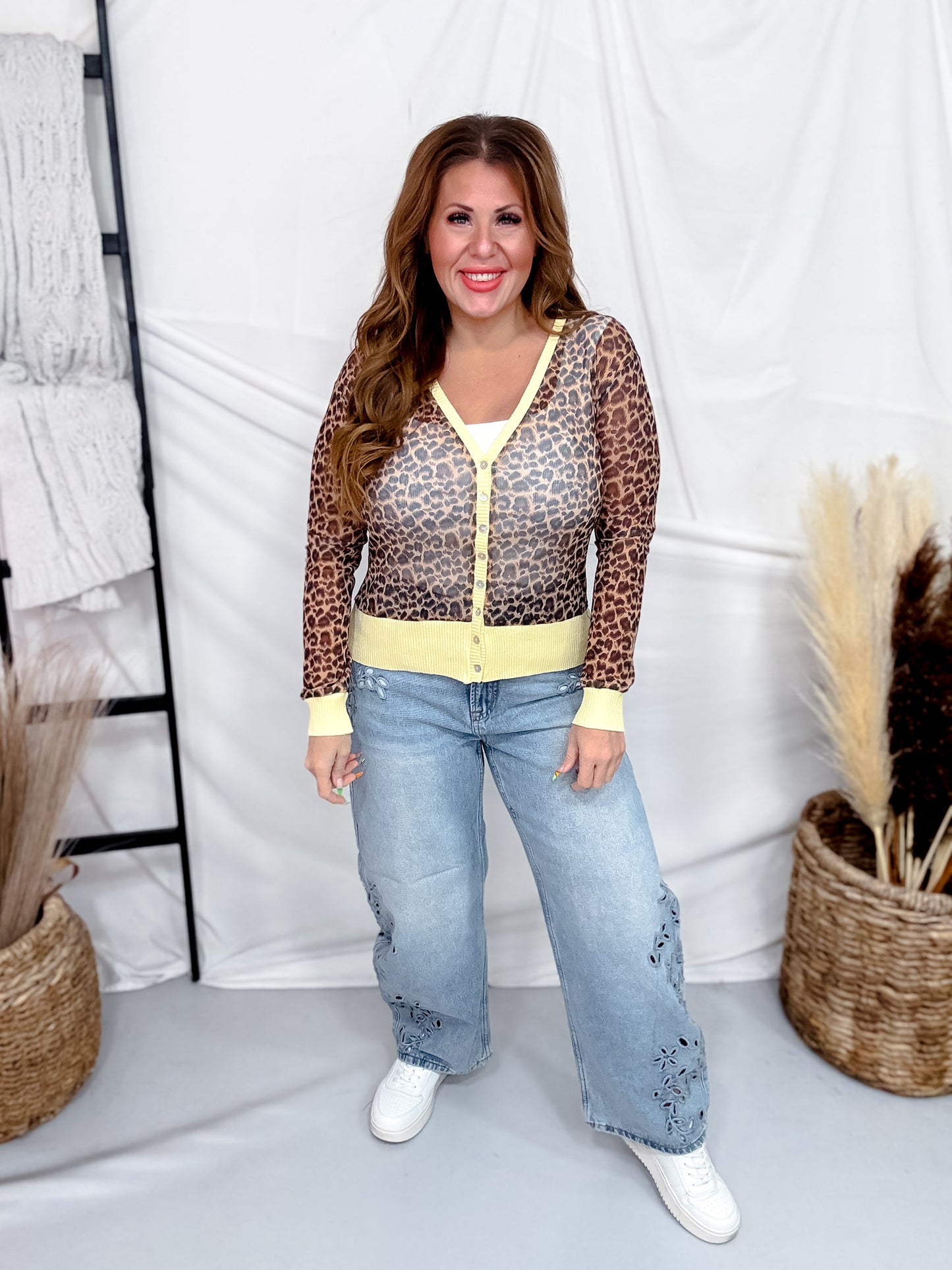 Brown & Yellow Leopard Print Sheer Long Sleeve Button Front Cardigan