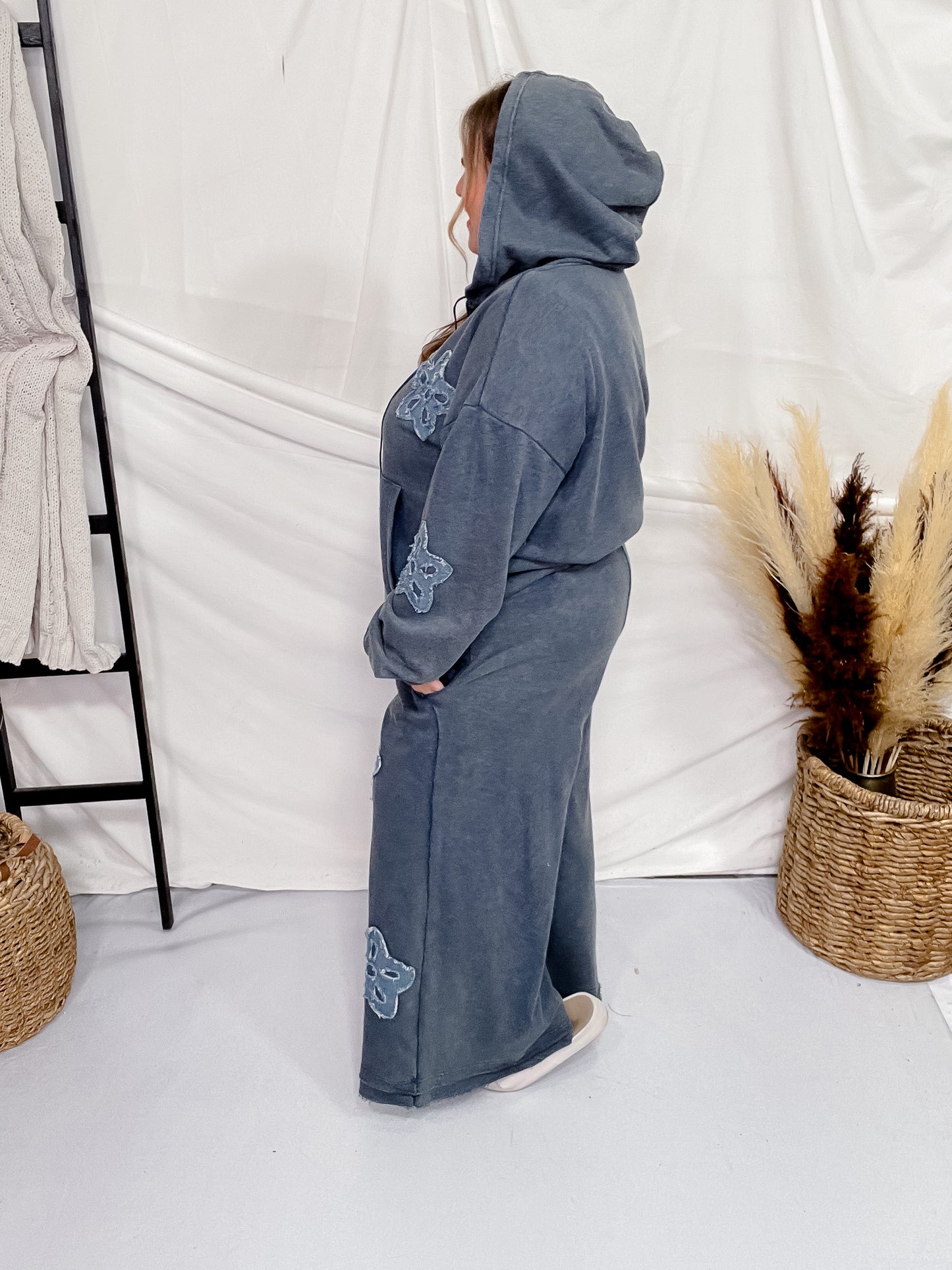 Heather Blue Acid Washed Flower Patch Zipped Hood Sweatshirt