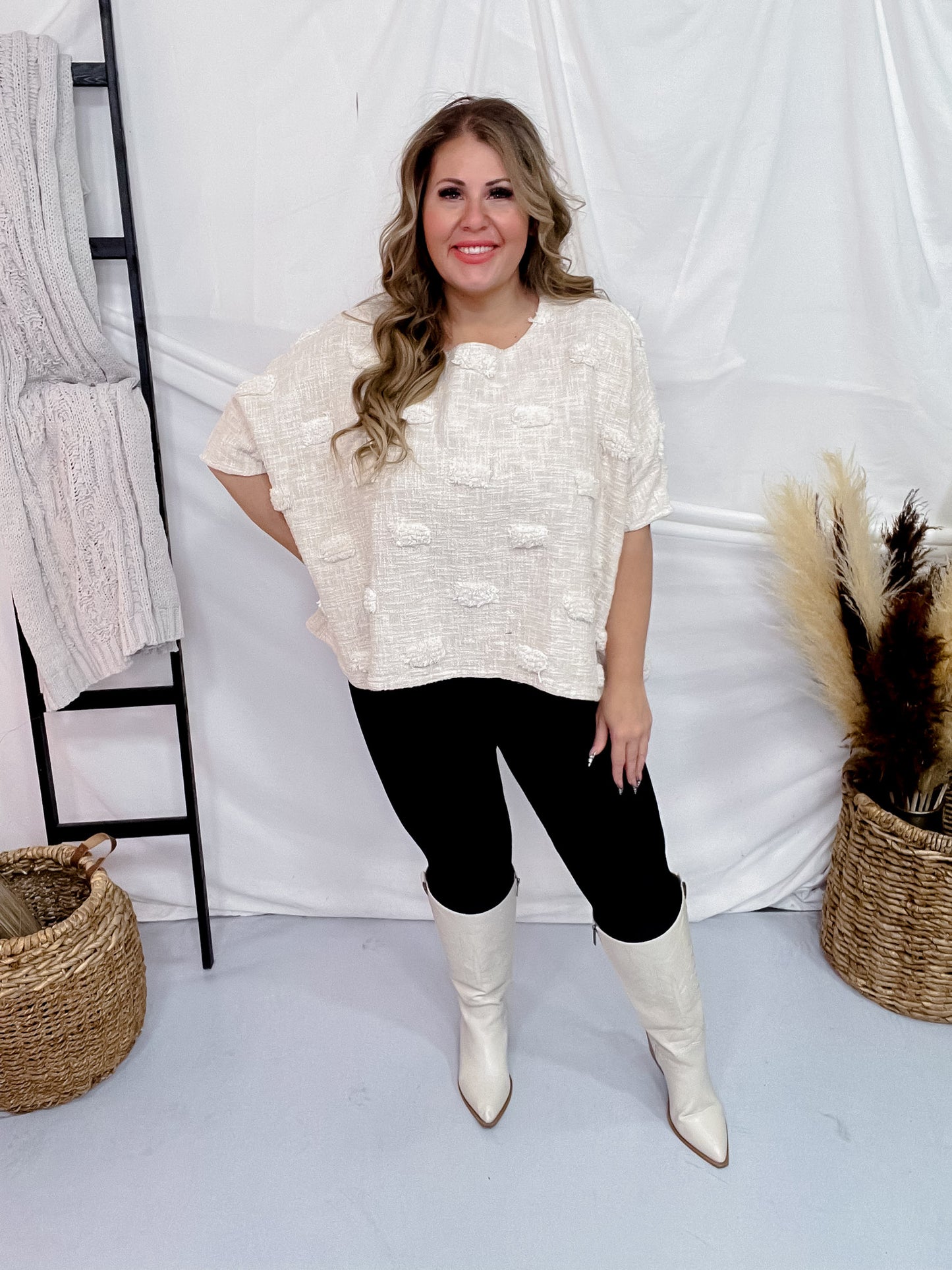 Textured Short Sleeve Cream Boxy Top