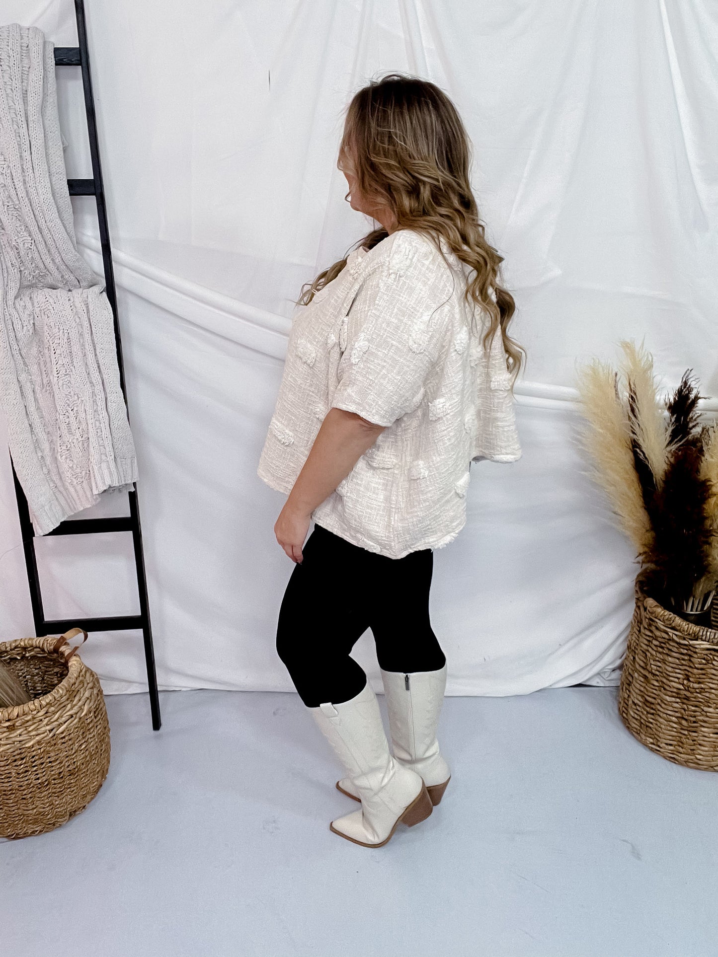 Textured Short Sleeve Cream Boxy Top