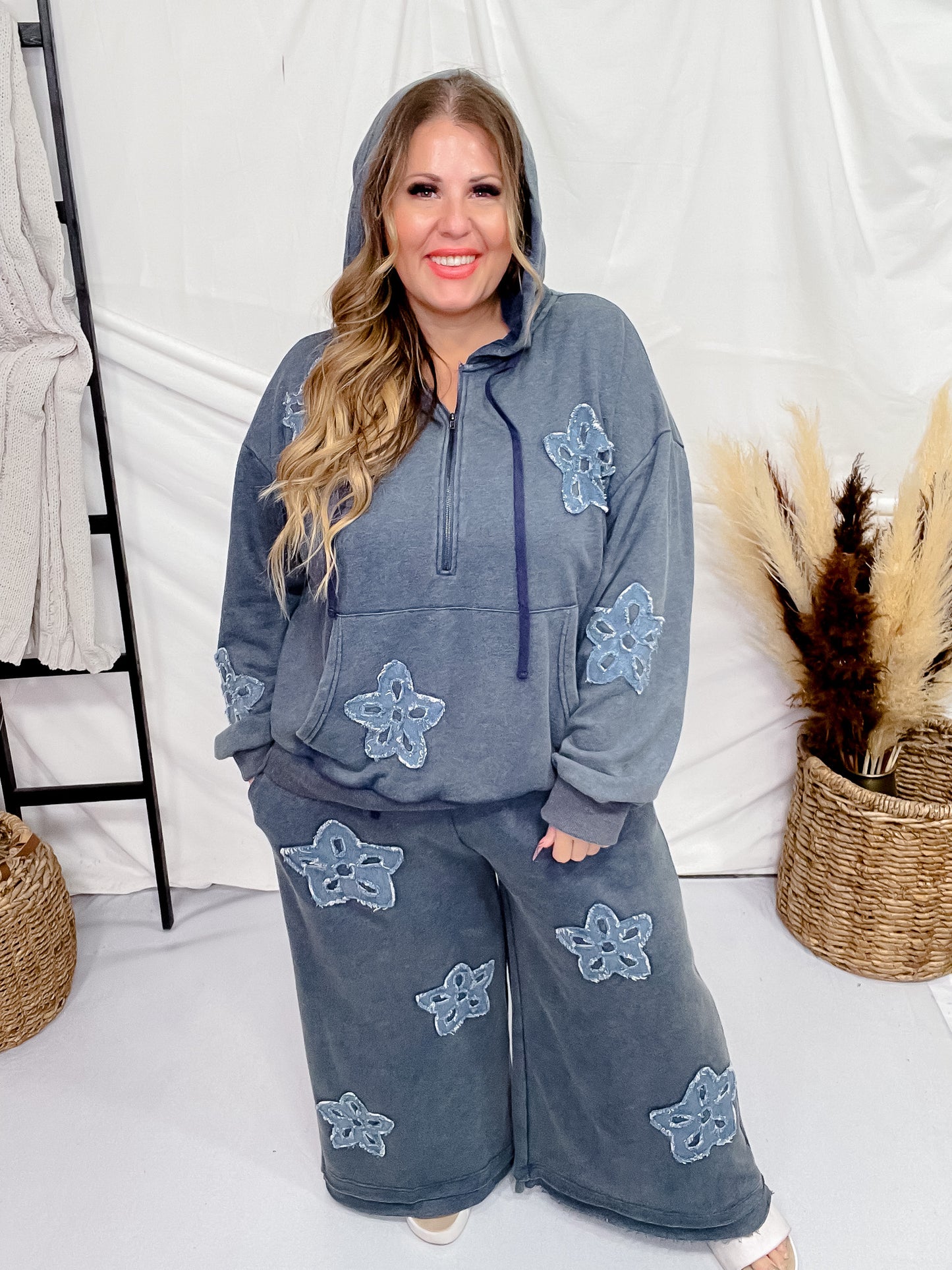 Heather Blue Flower Patch Acid Washed Cropped Palazzo Pants