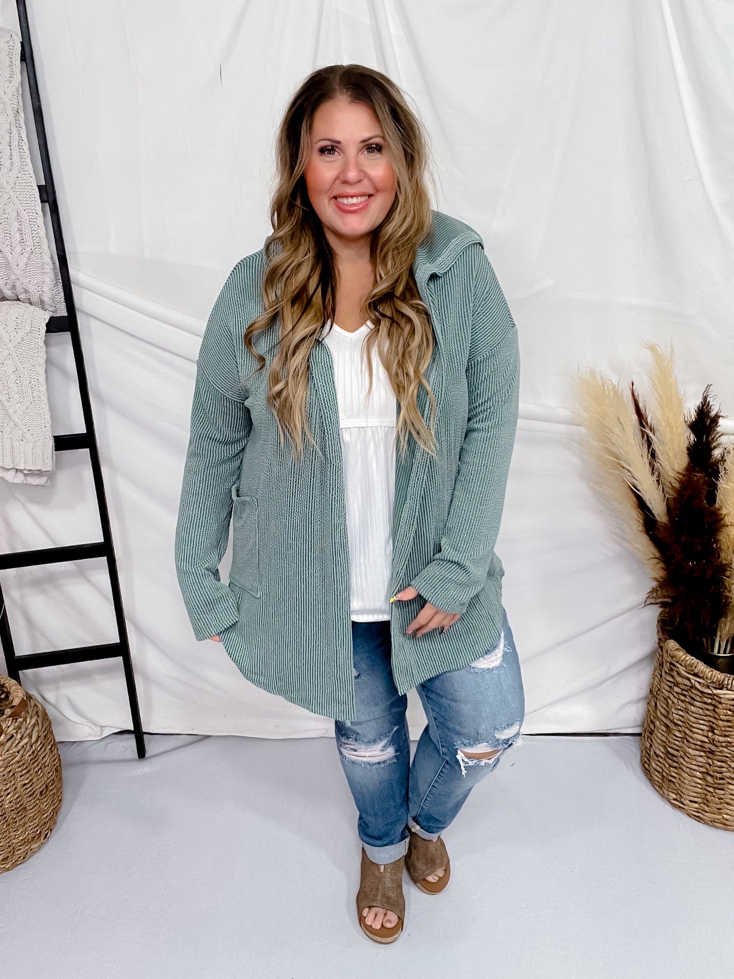 Dusty Teal Long Sleeve Open Front Hooded Cardigan
