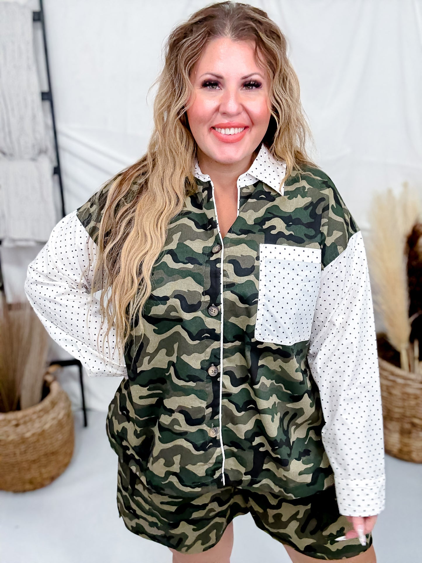 Camo & Polka Dot Printed Long Sleeve Shirt and Shorts Set