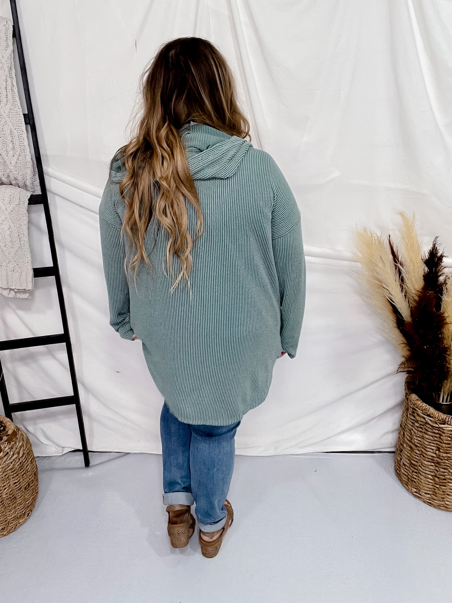 Dusty Teal Long Sleeve Open Front Hooded Cardigan