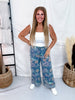 Colorful Floral Print Cuffed Wide Leg Jeans