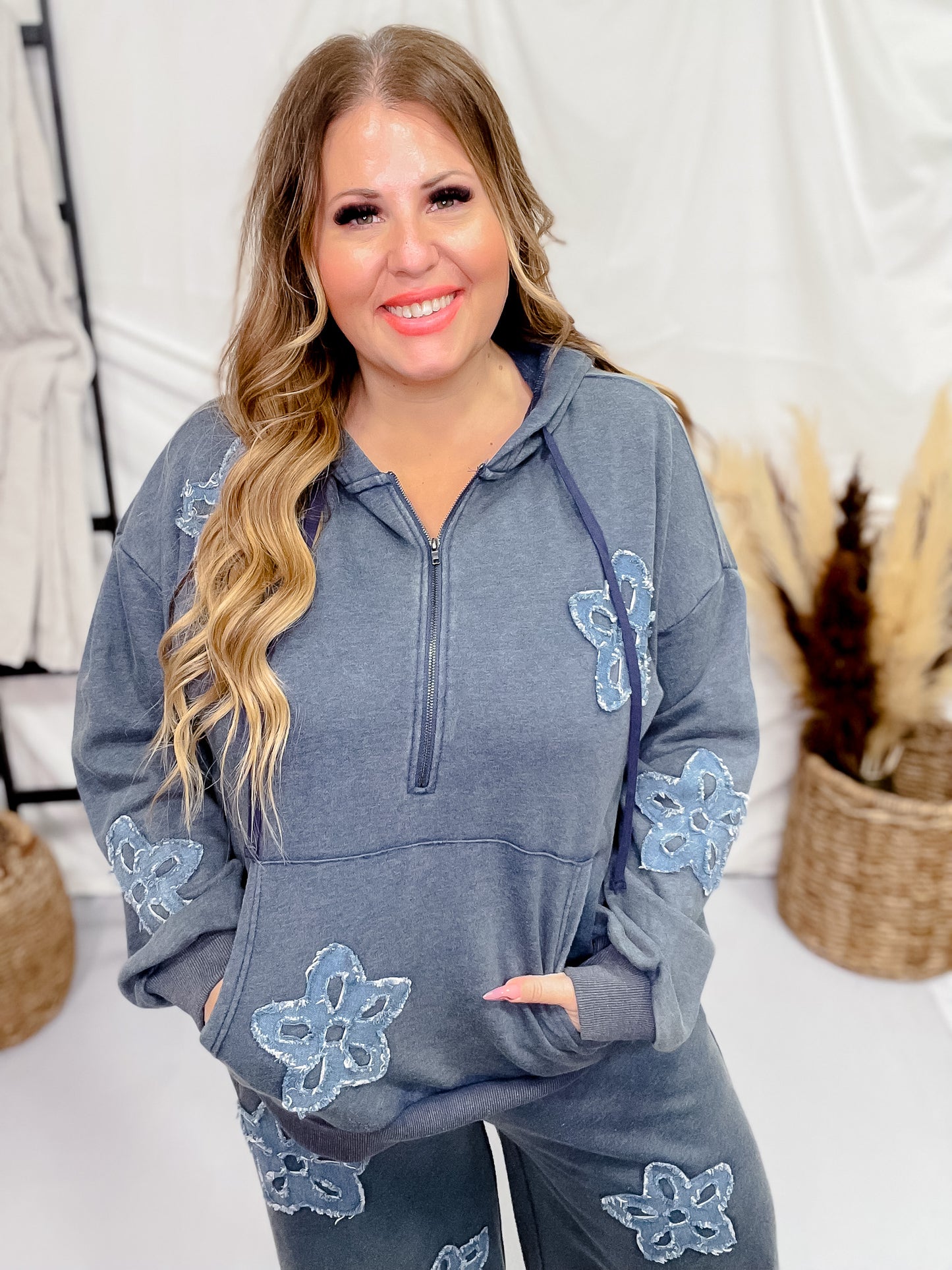 Heather Blue Acid Washed Flower Patch Zipped Hood Sweatshirt