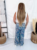 Colorful Floral Print Cuffed Wide Leg Jeans