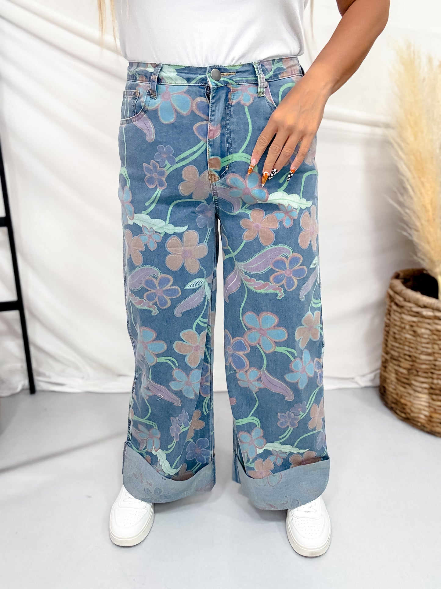 Colorful Floral Print Cuffed Wide Leg Jeans