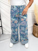 Colorful Floral Print Cuffed Wide Leg Jeans