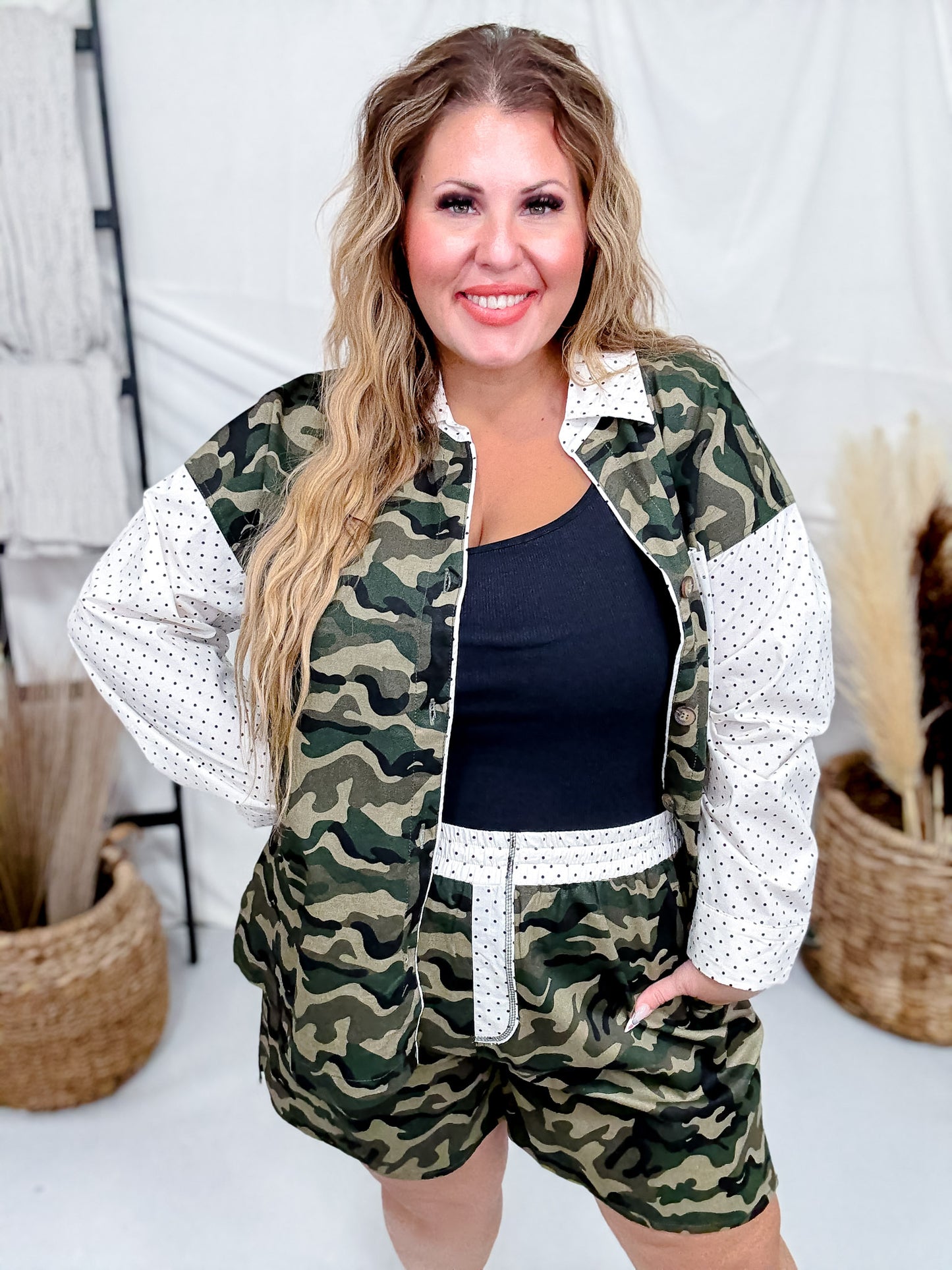 Camo & Polka Dot Printed Long Sleeve Shirt and Shorts Set