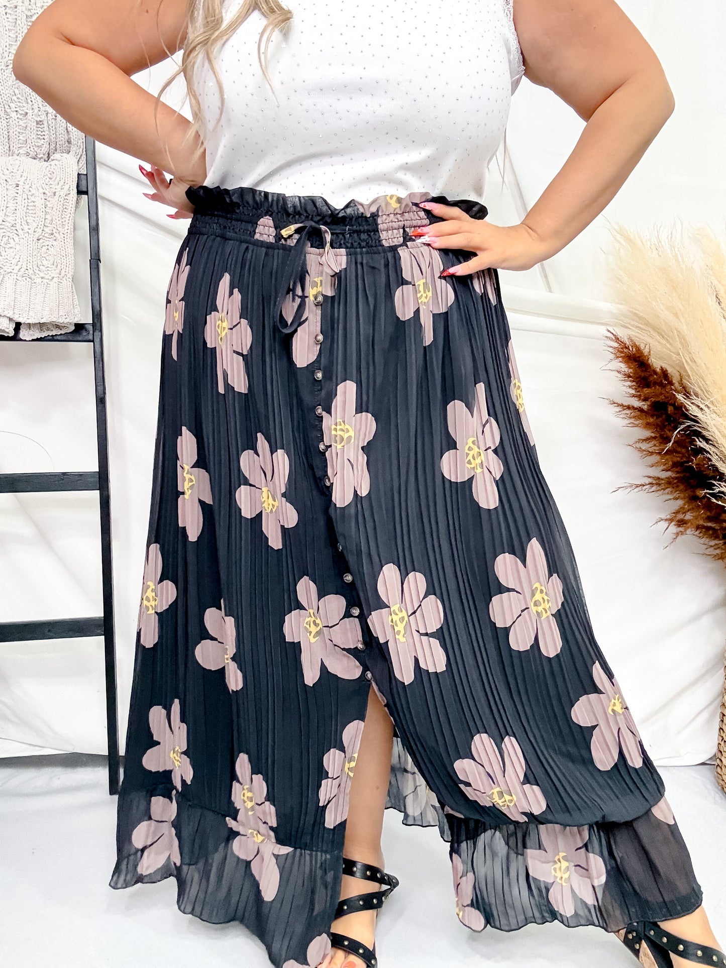 Black and Brown Floral Button Front Maxi Skirt