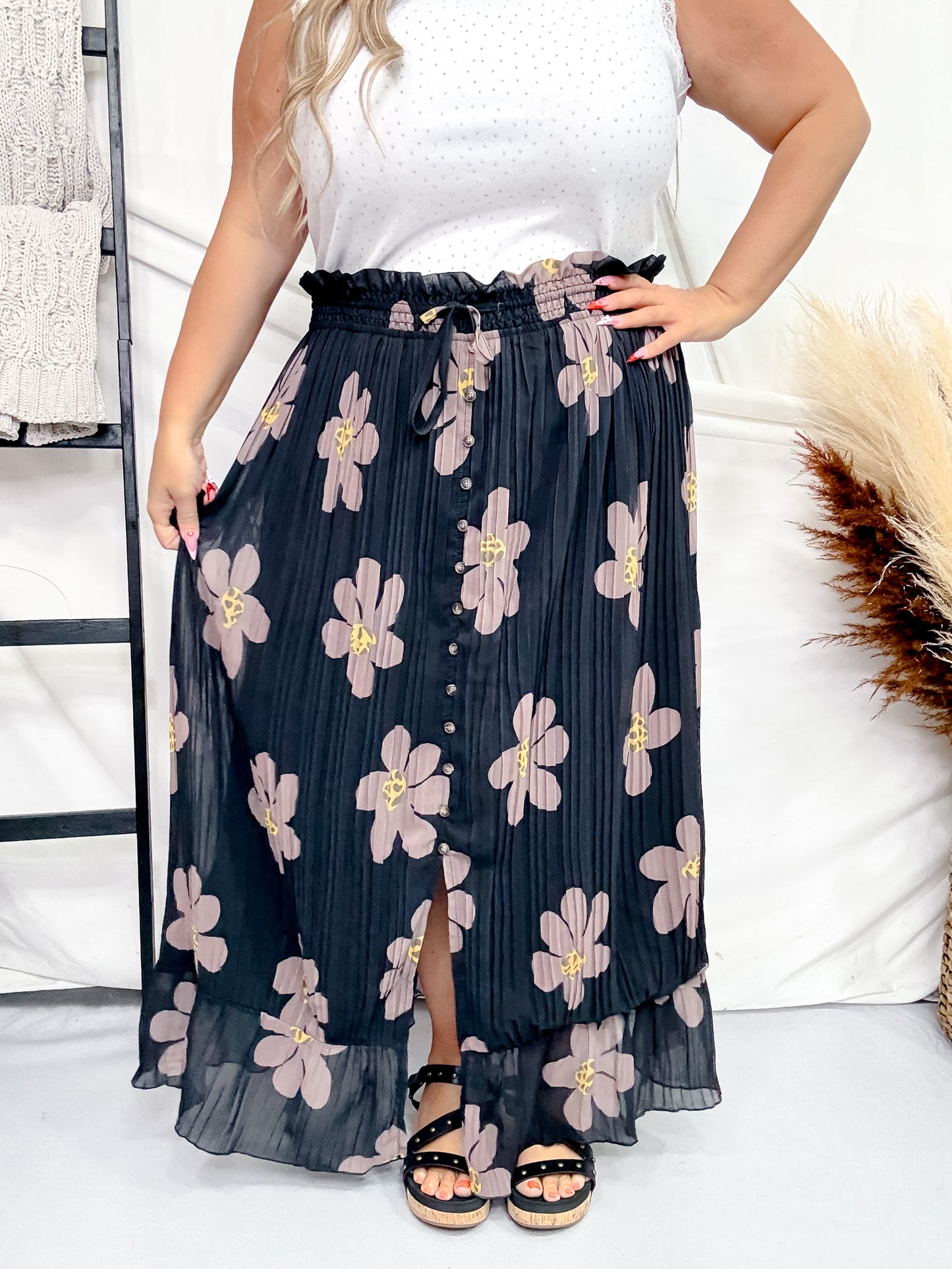 Black and Brown Floral Button Front Maxi Skirt