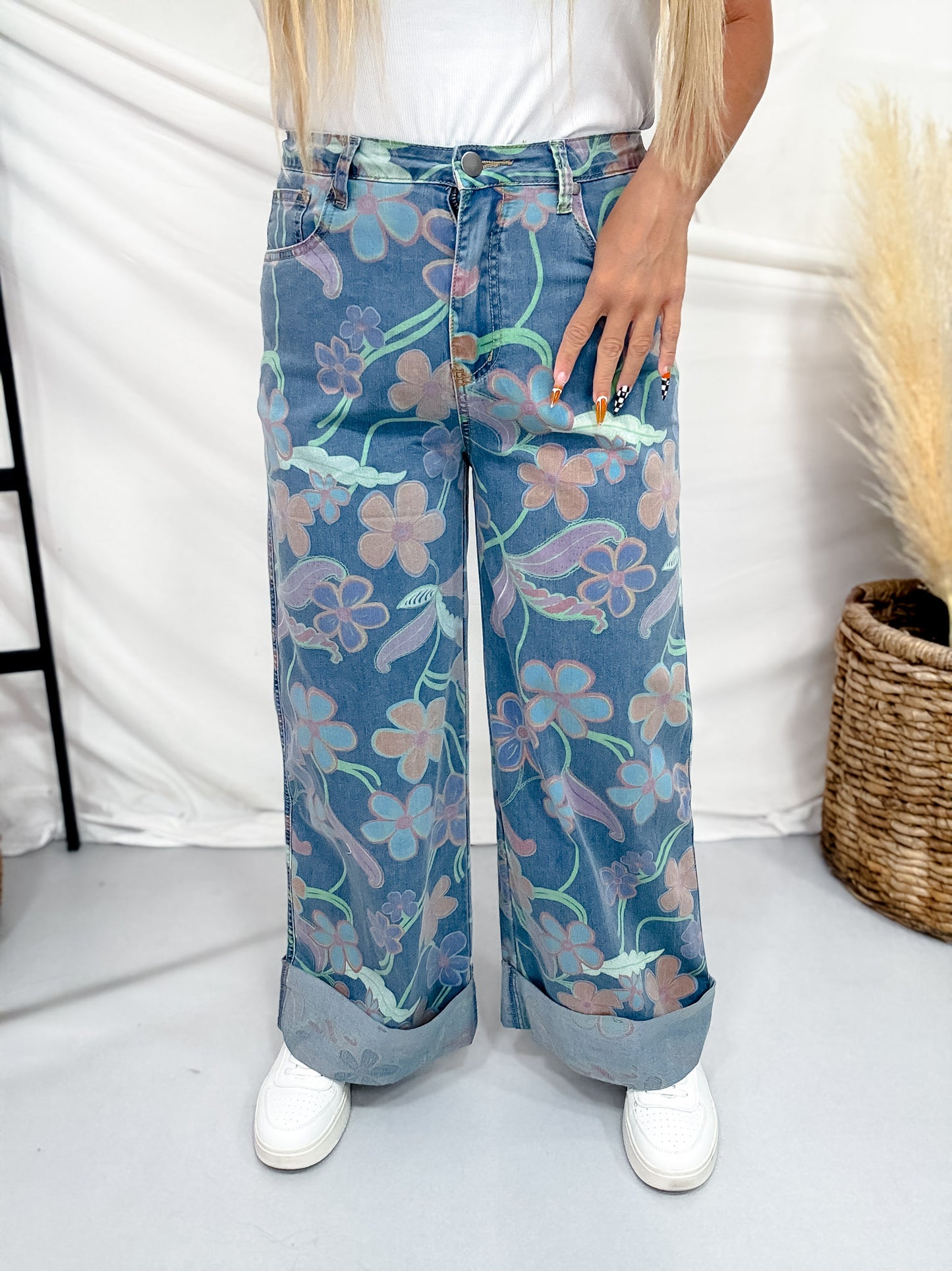 Colorful Floral Print Cuffed Wide Leg Jeans