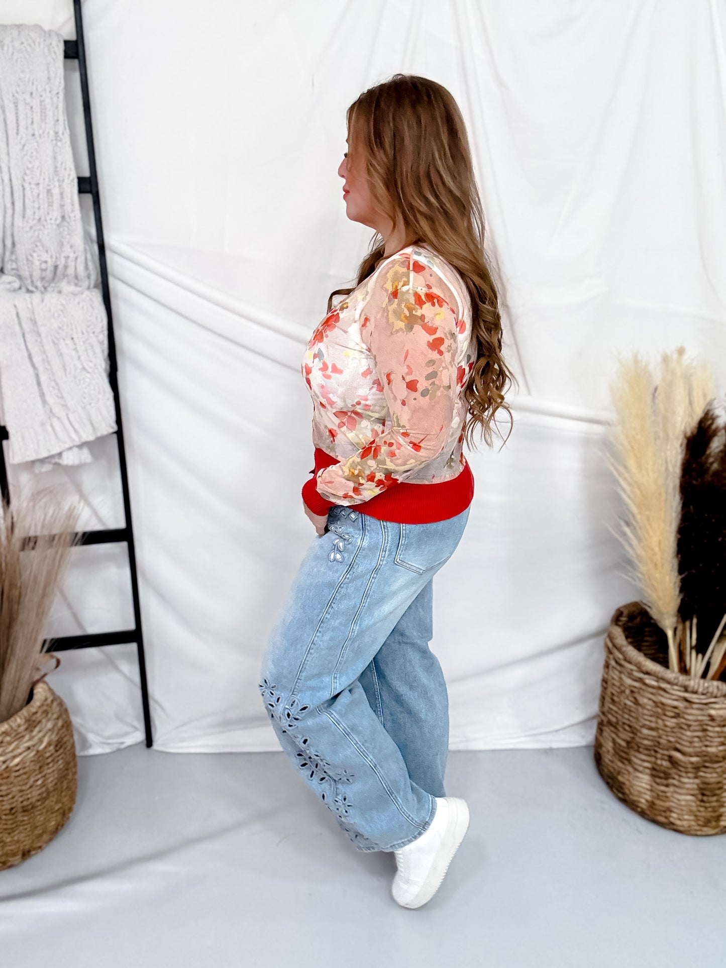 Scarlet Floral Print Sheer Long Sleeve Button Front Cardigan
