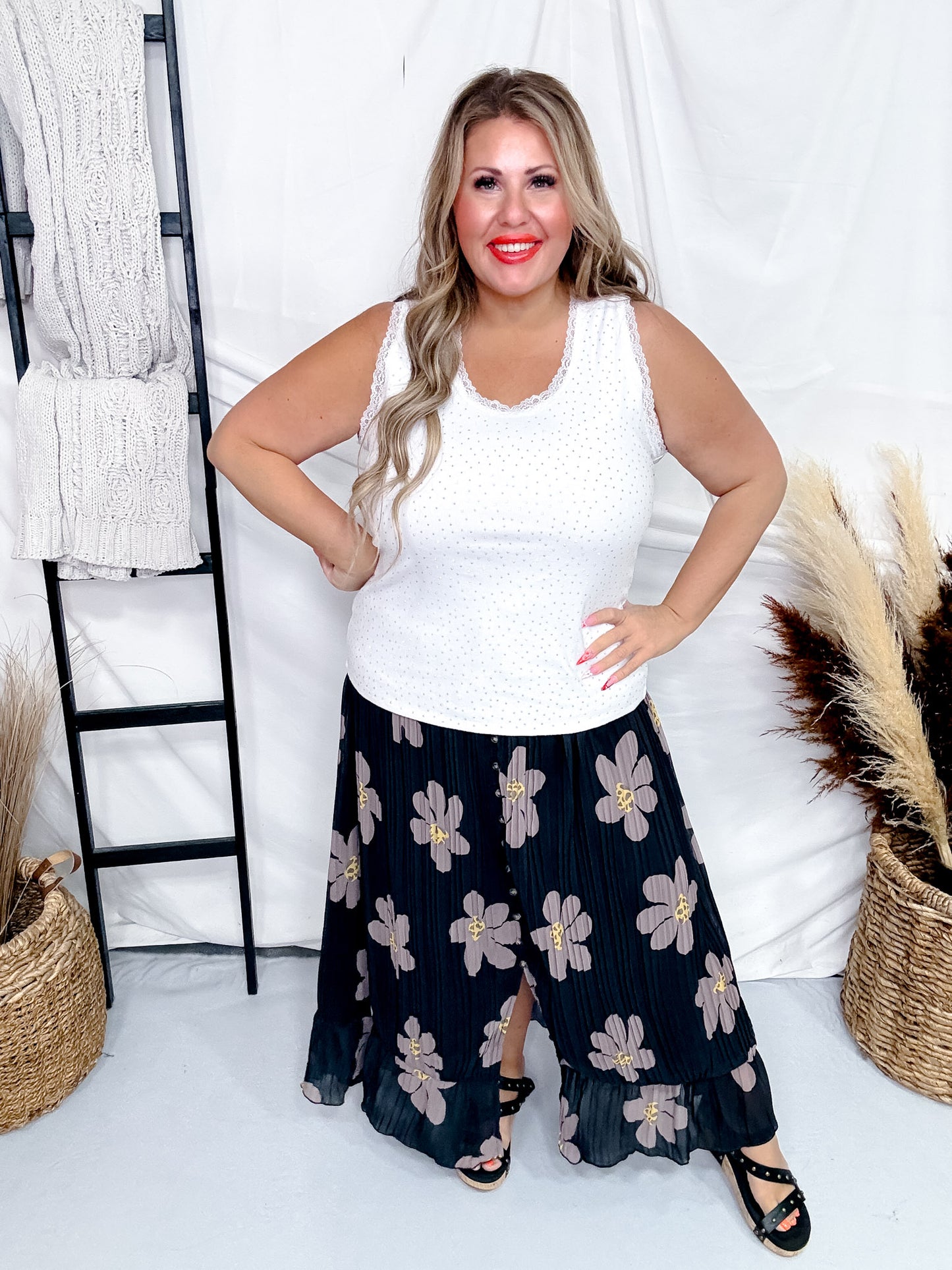 White Round Neck Tanktop with Rhinestones and Lace Trim