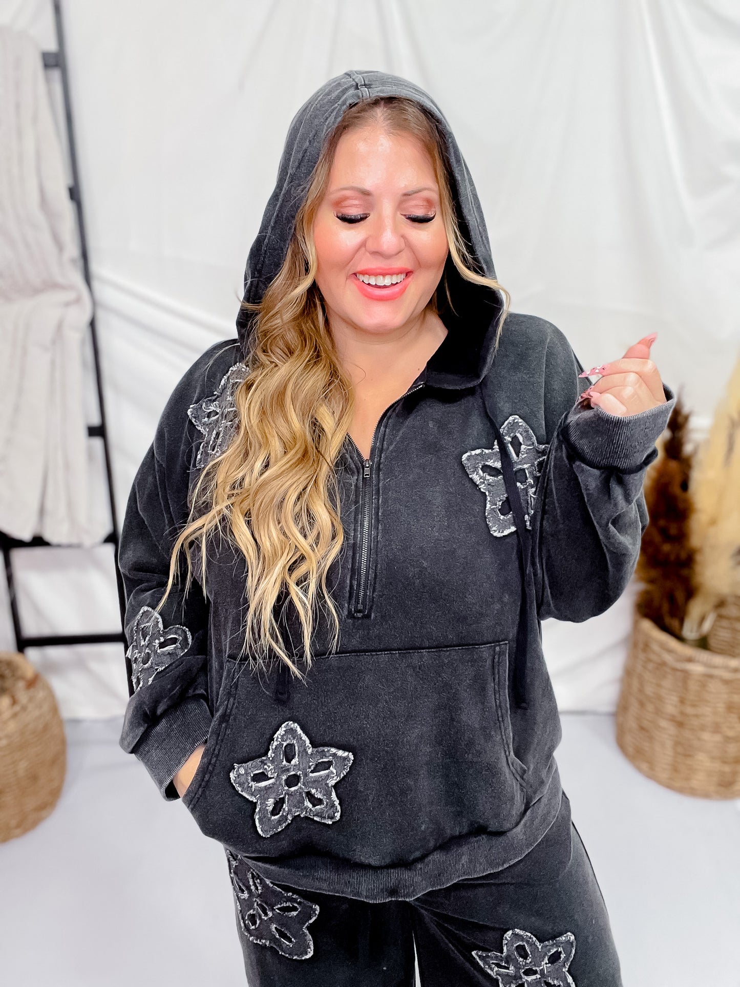 Black Acid Washed Flower Patch Zipped Hood Sweatshirt