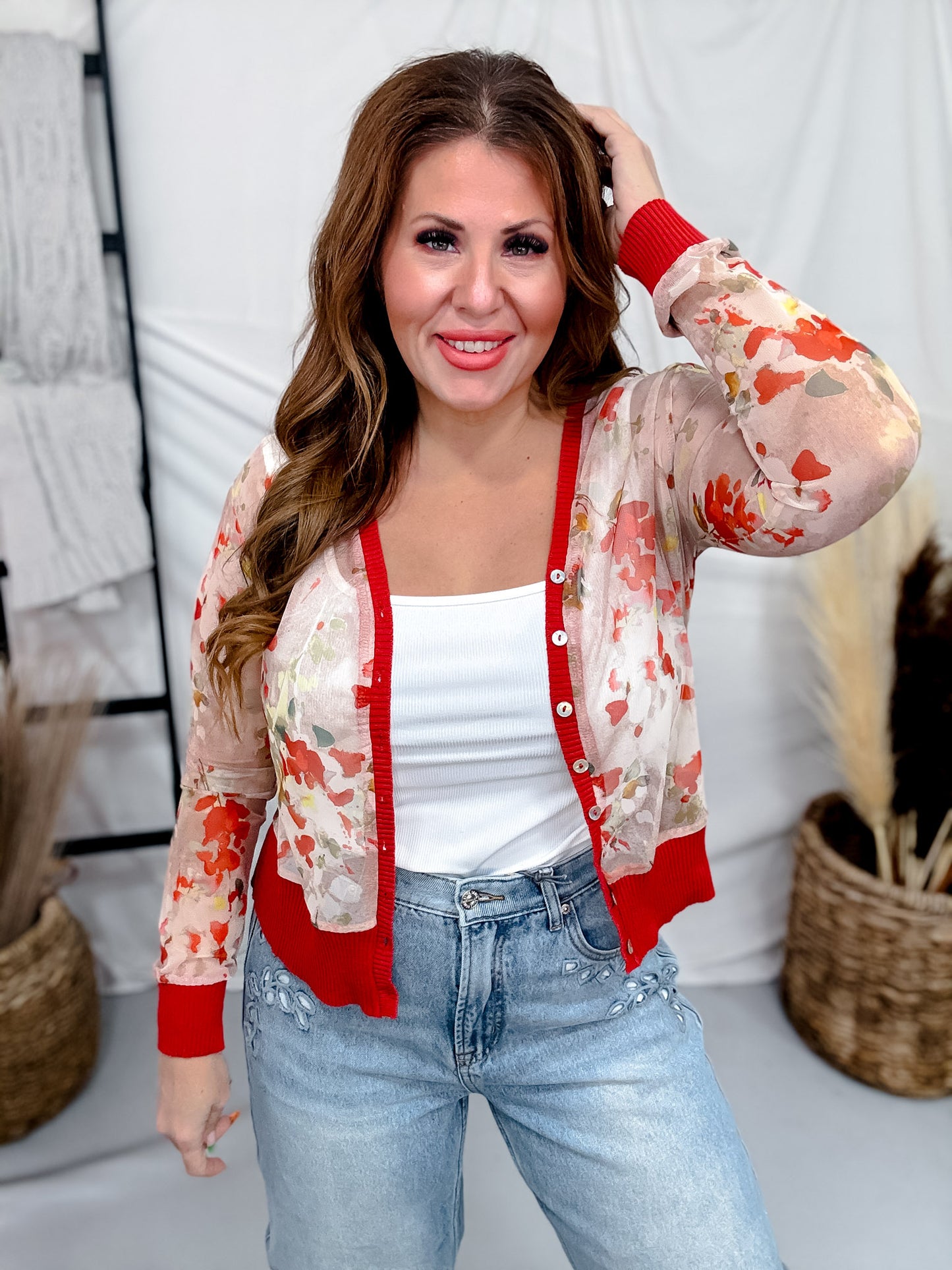 Scarlet Floral Print Sheer Long Sleeve Button Front Cardigan
