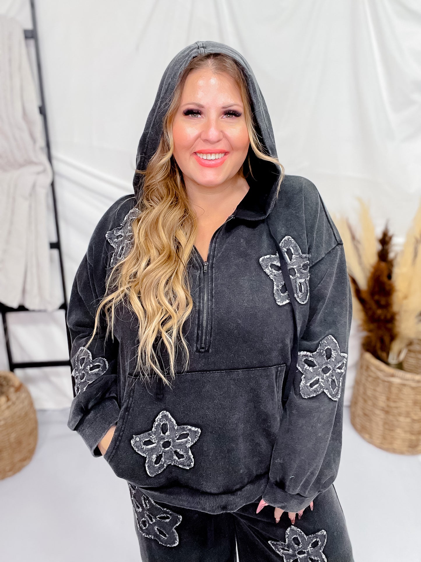 Black Acid Washed Flower Patch Zipped Hood Sweatshirt