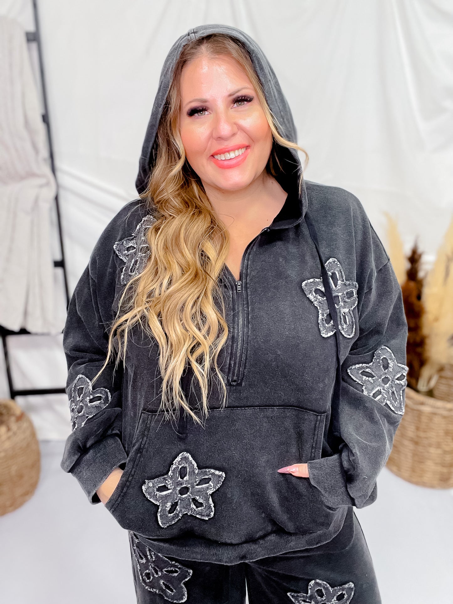 Black Acid Washed Flower Patch Zipped Hood Sweatshirt